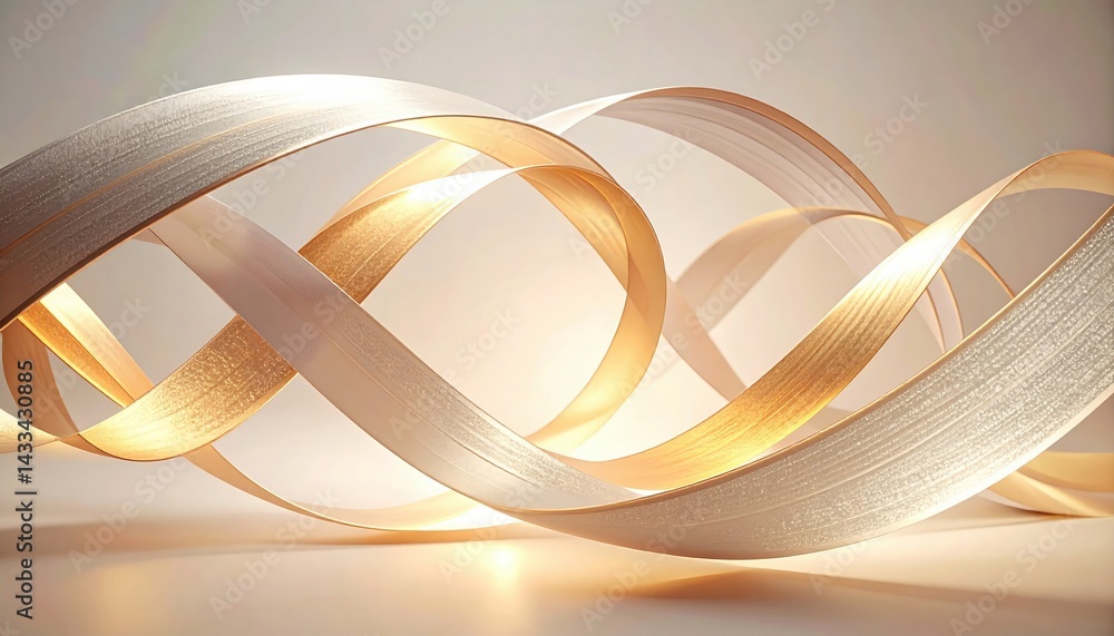 Poster dynamic flow of golden ribbons studio setting abstract art soft lighting close-up view elegance and 