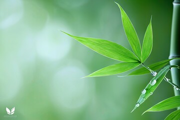 Fototapeta premium Dewdrops adorn vibrant green bamboo leaves against a blurred background