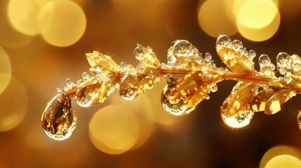 Delicate golden plant branch glistening with multiple water droplets