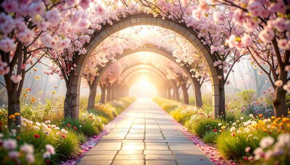 Fototapeta premium Cherry blossom pathway tranquil garden landscape photography spring season serene viewpoint nature concept