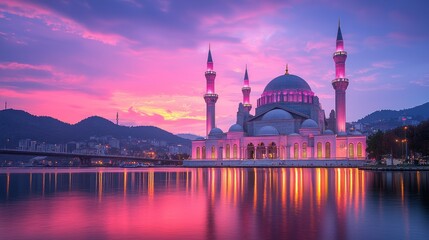 Naklejka premium Majestic Mosque at Sunset: A Breathtaking View of Coastal Beauty