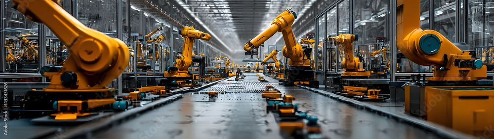 Poster high-tech industrial robots working on an assembly line in a modern factory