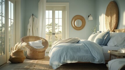 Cozy bedroom interior featuring a bed chair and soft natural lighting