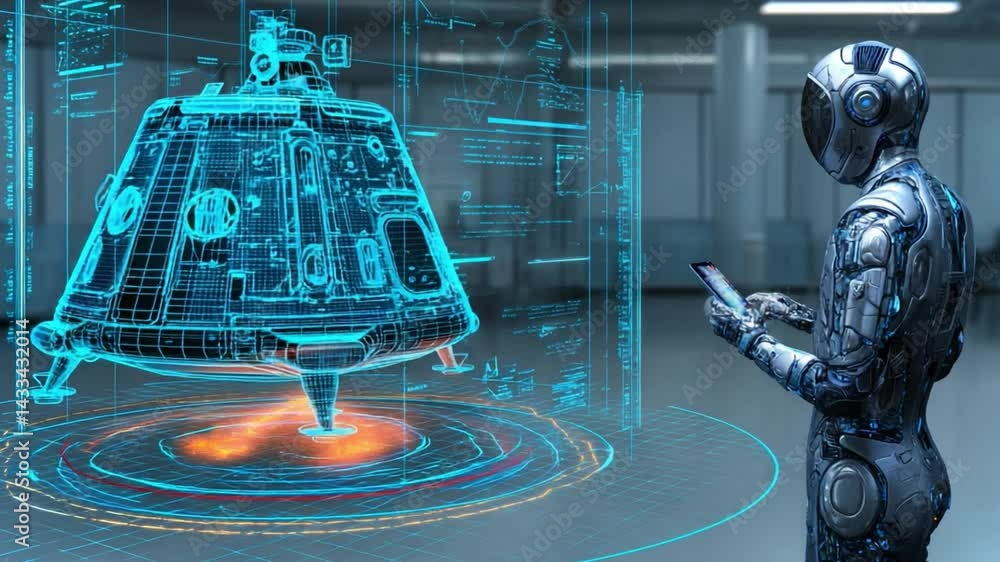 Poster holographic engineering simulation of a futuristic spacecraft with a robotic assistant