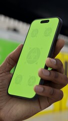 GREEN SCREEN CHROMA KEY Hand holding smartphone at a subway station with train in background, ideal for app or advertisement mockups on a transit theme