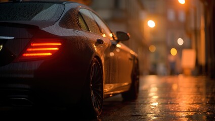 A car driving on a wet street at night.