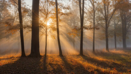 Obraz premium The morning sun shines through trees, creating a beautiful autumn forest scene with golden light.