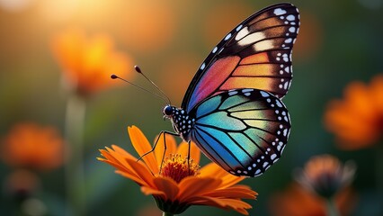Colorful Butterfly Resting On Orange Flower