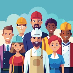 Flat Vector of Workers from Various Professions Standing Together