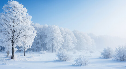 Fototapeta premium Winter Landscape with Snow-Covered Trees and Misty Horizon in Ethereal Winter Wonderland
