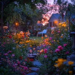 A beautiful garden filled with colorful flowers under twilight skies
