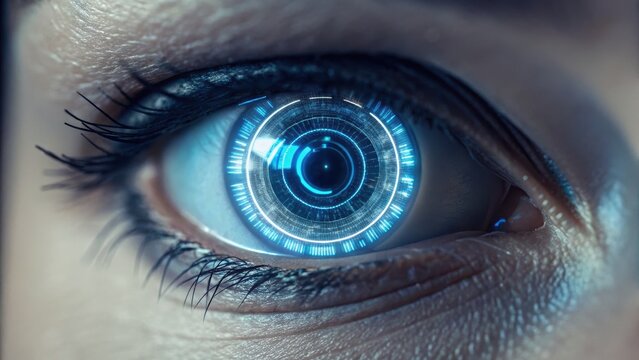 A futuristic close-up of a human eye with a digital, technological pattern inside the iris, symbolizing innovation and technology.