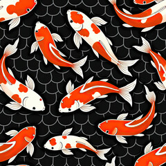 Naklejka premium Abstract Koi Fish Scale Patterns: Modern & Experimental Textile Designs in Orange & Black – Explore Unique Repeating Motifs for Fashion & Interiors 