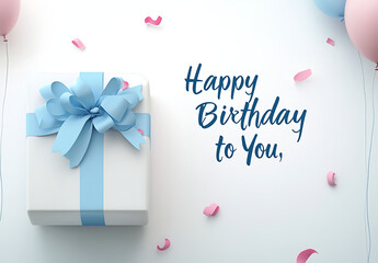 "Happy Birthday to You," a birthday gift for a friend or family member on a holiday or day of birth, with a blue ribbon and balloon present box on a white background.