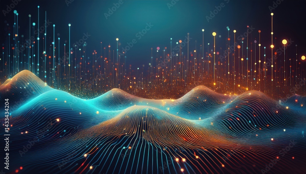 Poster dynamic data visualization waves digital realm abstract graphic futuristic environment 3d perspectiv