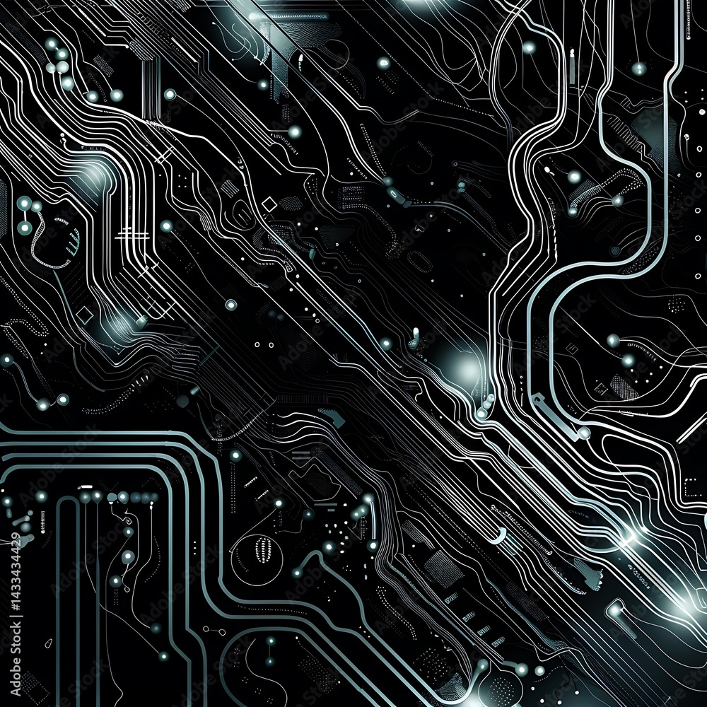 Poster abstract dark background illustrating a complex electronic circuit board pattern. intricate silver o