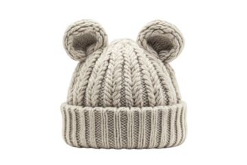 Adorable beige knitted baby beanie hat with cute ear flaps perfect for winter warmth soft texture on transparent background