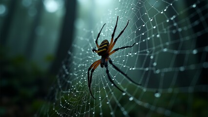 Dew Covered Spider Web In Forest