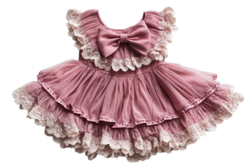 Adorable dusty rose tutu dress delicate lace detailing and a big satin bow perfect for a special on transparent background