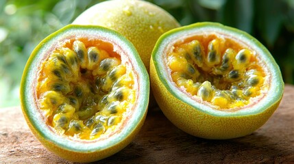 Delicious Yellow Passion Fruit Halves on Wooden Surface