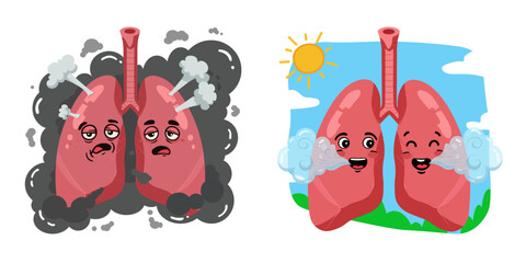 Cartoon lungs before and after smoking with happy and sad expressions, cigarette damage vs healthy breathing, medical illustration for quit smoking campaign, lung health, clean air and detox concept