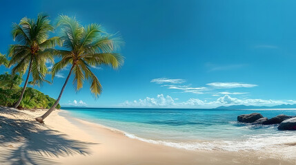 Obraz premium Tropical beach scene with palm trees and clear blue sky.