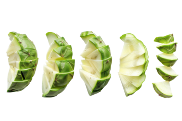 Freshly sliced green fruit arranged in a line, showcasing different cut sizes and angles under natural light