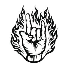 Rock On Hand Sign in Flames, Black and White Tattoo Style, Heavy Metal Gesture Isolated