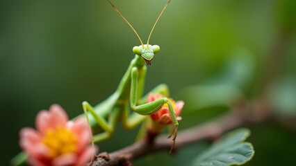 Praying Mantis On Flower Branch, Macro
