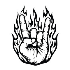 Rock On Hand Sign With Flames Black Silhouette On White Background, Hand Gesture Style Art