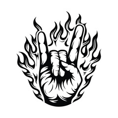 Rock On Hand Sign Silhouette. Black and White Horns Hand Gesture In Fire Flames Art