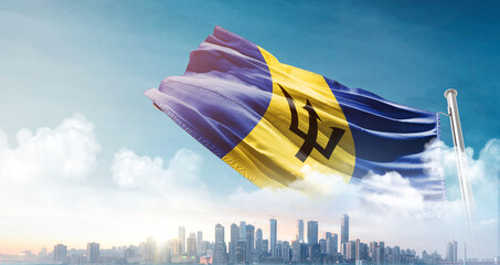 Barbados national flag waving with skyline and buildings. A beautiful view of flag with skyline.