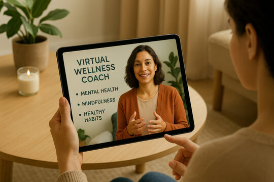 person consulting virtual wellness coach on tablet, focusing on mental health, mindfulness, and healthy habits. scene conveys sense of calm and support
