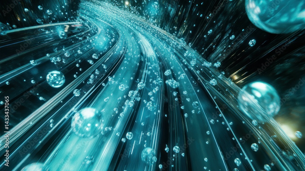 Poster abstract image of a flowing tunnel with spheres in it