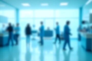 Blurred Hospital Interior Background with Medical Equipment and Light Blue Color Theme