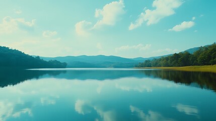 Obraz premium Serene lake reflecting a tranquil mountain vista.