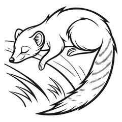 Stylized Mongoose Sleeping Curled On Log, Outline, Black and White, Resting, Animal
