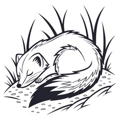 Black & White Fox Sleeping Curled Up in the Grass Silhouette Drawing
