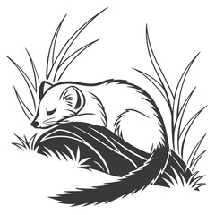 Mongoose sleeping peacefully on wood with plant silhouette, monochrome illustration