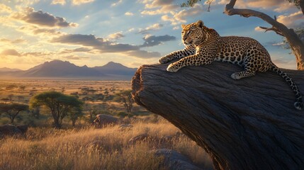 Obraz premium Leopard sunset savannah Africa wildlife resting log
