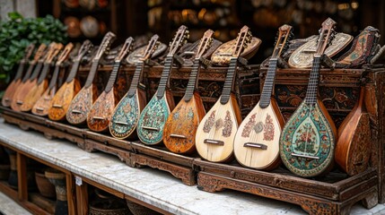 A Row of Exquisitely Decorated Mandolins