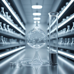 A delicate, translucent liquid bubble suspended in mid-air, surrounded by a sleek, modern glass flask and a stainless steel cylinder, set against a sterile, clinical medical science laboratory backgro
