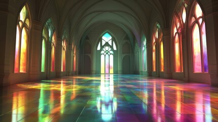 Obraz premium Colorful stained glass cathedral interior, sunlight, reflective floor, peaceful ambiance, religious/spiritual use