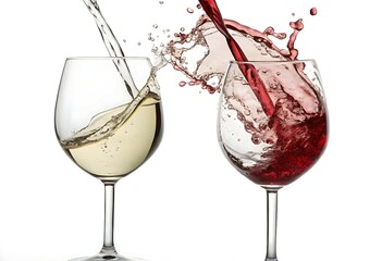 Dynamic Pouring of Red and White Wine into Elegant Glasses, Creating a Splash Effect