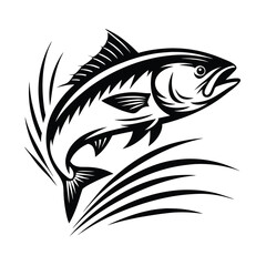 Leaping Salmon Illustration, Black and White Aquatic Animal, Fish Icon, Wild Animal