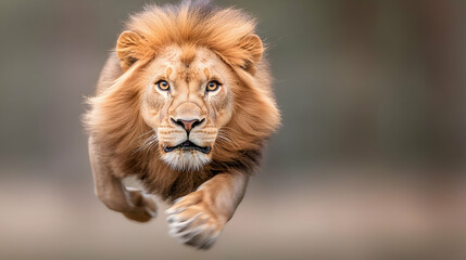 Fototapeta premium Majestic Male Lion Running Across Field