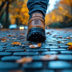 Autumnal Stroll: A Single Boot on a Cobblestone Path
