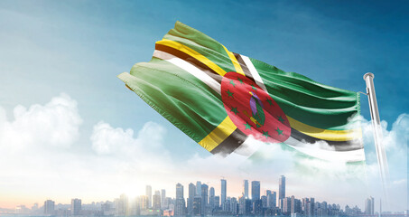 Dominica national flag waving with skyline and buildings. A beautiful view of flag with skyline.