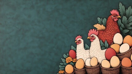 Vintage hand-drawn egg farm with colorful hens and fresh eggs surrounded by greenery. National Egg Day