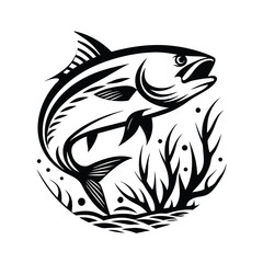 Striking Fish with Seaweed and Water in Black and White Style